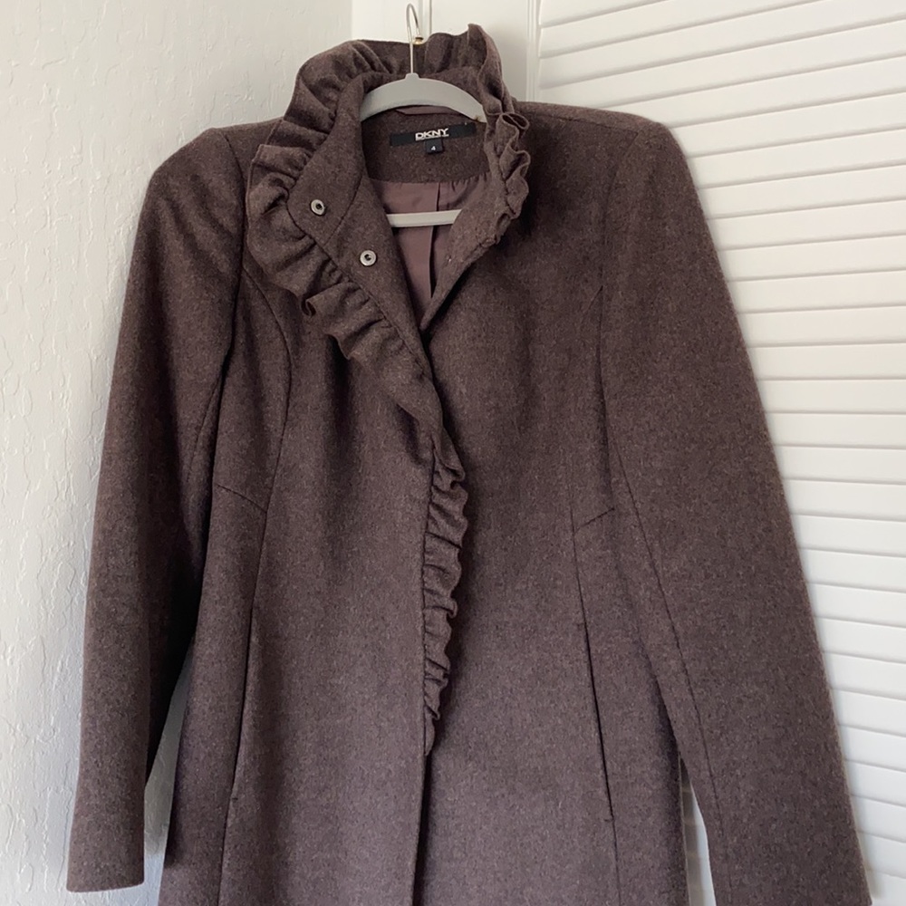 DKNY Wool Ruffle Collar Snap Front Pea Coat Sz 4
